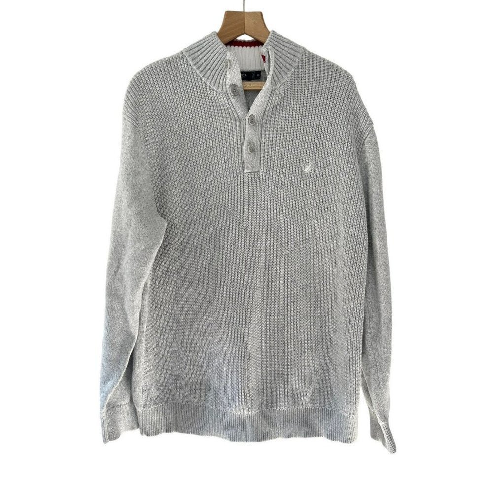 Nautica Men’s Sz XL Gray Quarter Button 100% Cotton Pullover Sweater